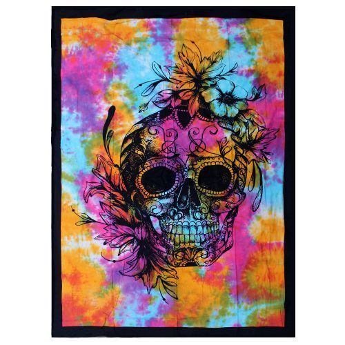 Indiai Pamut ágytakaró - falidísz - Day of the Dead Skull - 130x200 cm